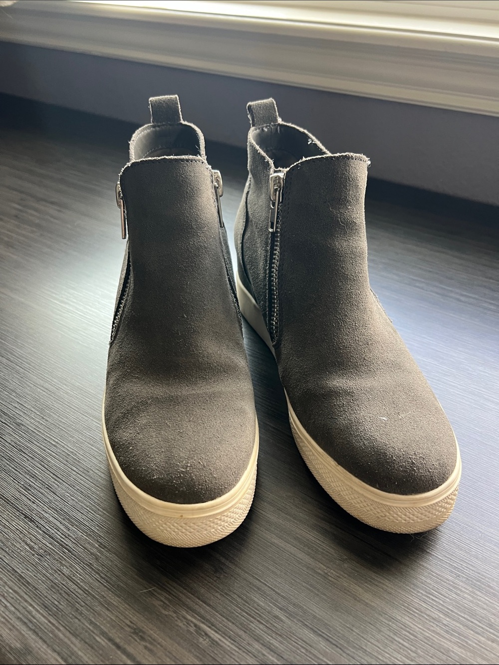 Steve Madden Gray Suede Wedge Slip-On Sneakers with White Platform